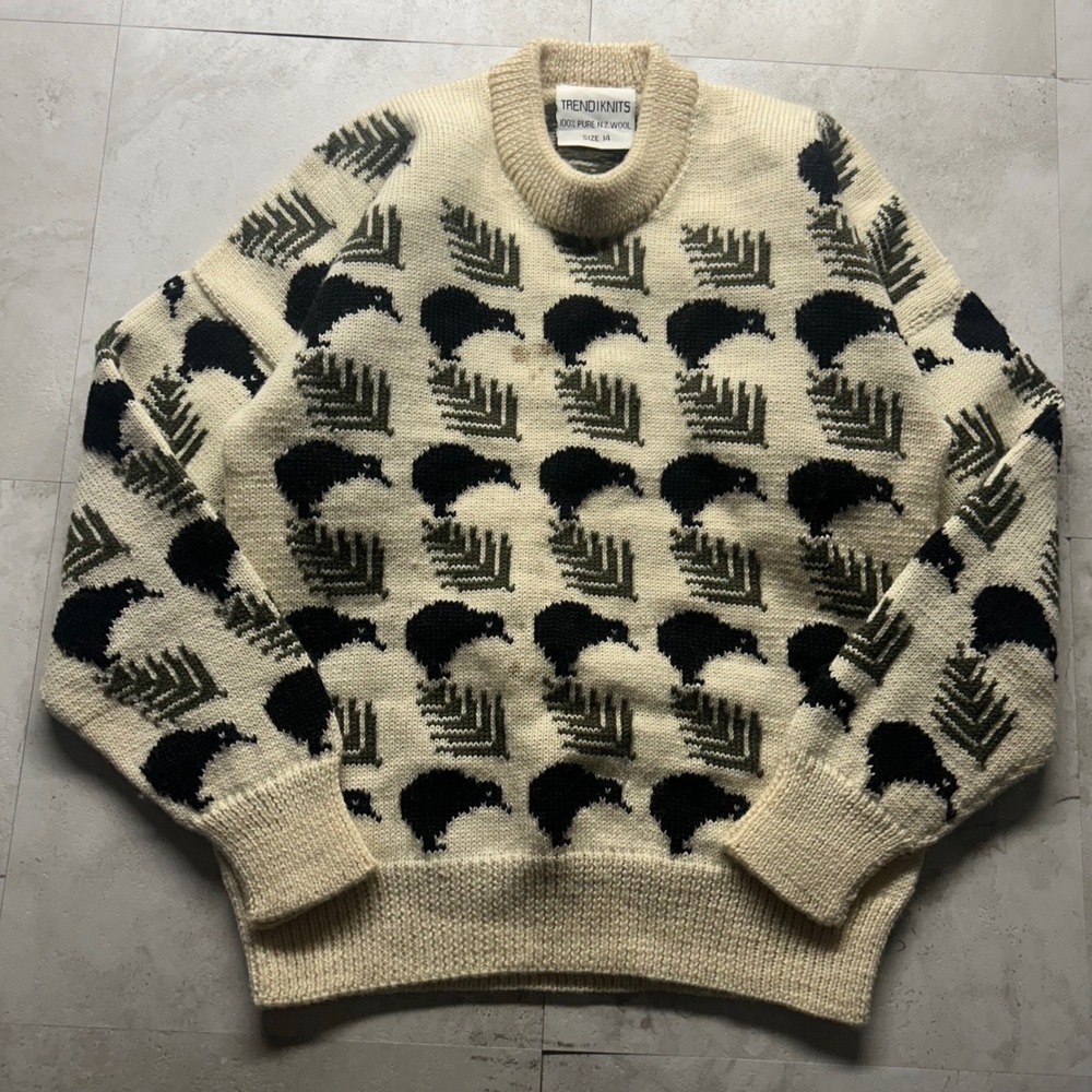 Trendiknits New Zealand Wool Kiwi Fern Sweater Women XS Cream Vintage 1195